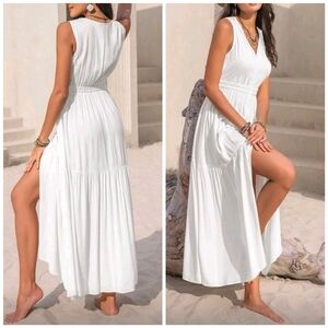 New Flowy Lace Trim V Neck Sleeveless Maxi Dress White